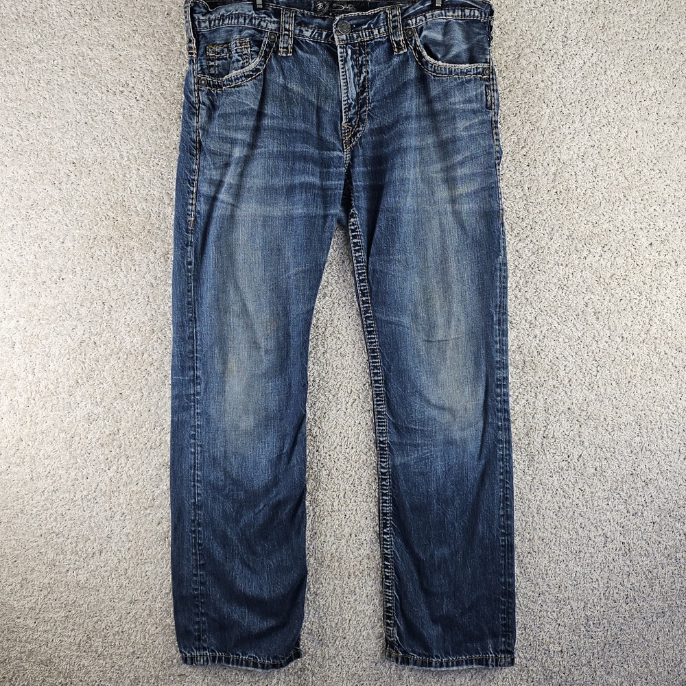 Silver Jeans Nash Heritage Dark Wash Thick Stitch 34x32 Distressed Workwear